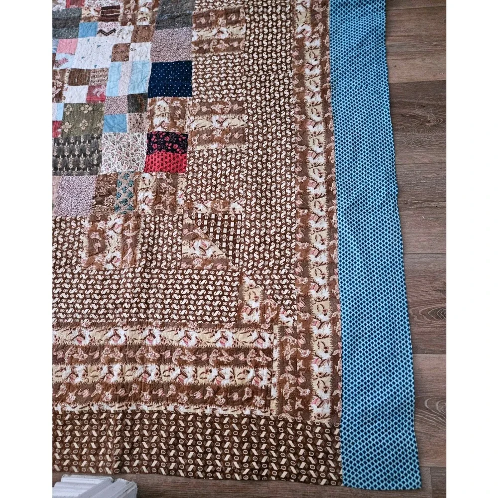 Handmade Patchwork Quilt Postage Stamp Brown Calico Floral Farmhouse 92x94 Vtg
